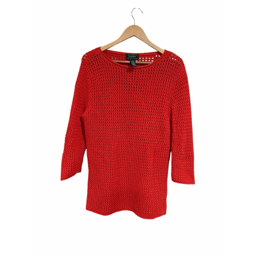 Lauren Ralph Lauren Orange Open Knit Sweater XL Cotton Coastal Grandma Beach